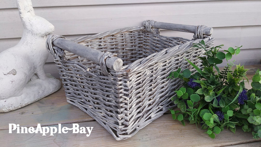 Large Grey Wicker Basket With Wood Handles Rectangular Fruit Etsy UK