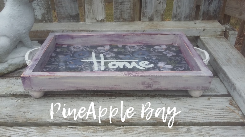 Farmhouse Feminine Wood Tray Flowered White frame container Women/'s gift Distressed Cottage Style Tea Tray Rustic Coffee Table box