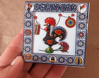 PORTUGAL - fridge pin magnet • multicolor tile effect w/ Rooster of Barcelos  (new)