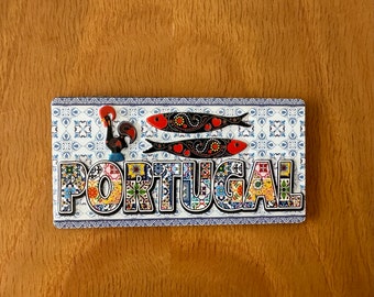 PORTUGAL • azulejos, Barcelos Gallo y Sardinas • placa pequeña con imán para nevera (nueva)