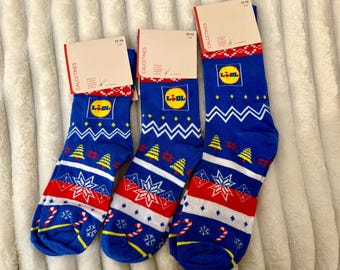 LIDL • 1 x BLAUE Weihnachtssocke | Festliche Urlaubs Calcetines - Kuschelige Wintersocken | Süßes Weihnachtsgeschenk (neu)