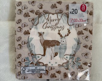 Hirsch-Weihnachtsservietten - Rustikale neutrale Weihnachtspapierservietten für den Feiertags-Tischdekor | 20 bedruckte Papierservietten