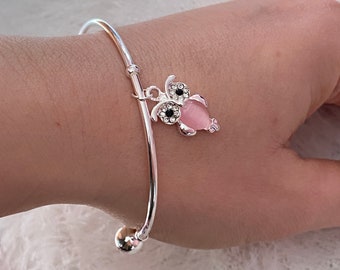 Pink Owl Cuff Bracelet / Silver Bangle