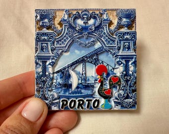 PORTUGAL • Porto | Kühlschrankmagnet • Rebelo Boot, Hahn von Barcelos, D. Luis Brücke (neu)