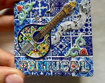Azulejos y guitarra de Portugal - Recuerdo de fado portugués / Imán de viaje - Regalo de Portugal