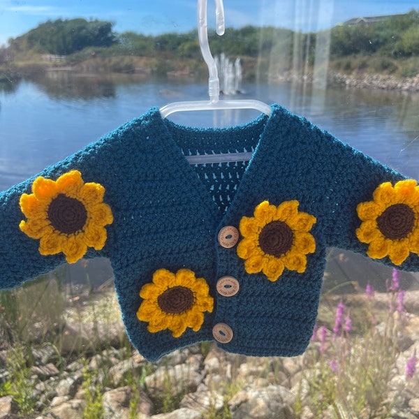 The sunflower cardigan/ crochet cardigan/ crochet baby cardigan/ girls cardie/ baby gift/ baby shower/ crochet clothing/ baby cardie
