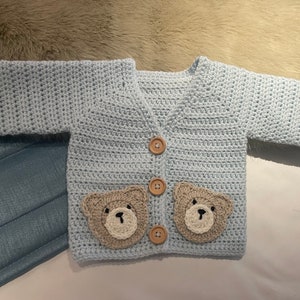The tiny ted cardigan, baby cardigan, baby shower, baby gift, crochet cardigan, crochet baby cardie, crochet kids cardie, crochet teddy bear