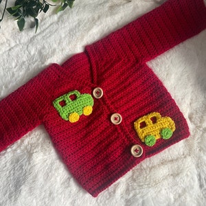 The crazy cars cardigan/ boys crochet cardigan/ baby boy/ baby crochet cardigan/ kids crochet cardie/ baby gift/ baby shower