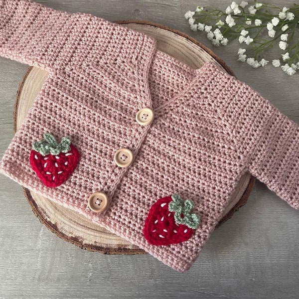 Strawberry shortcake crochet cardigan, baby girls crochet cardie, personalised gift, kids crochet cardigan, letterbox gift, baby gift