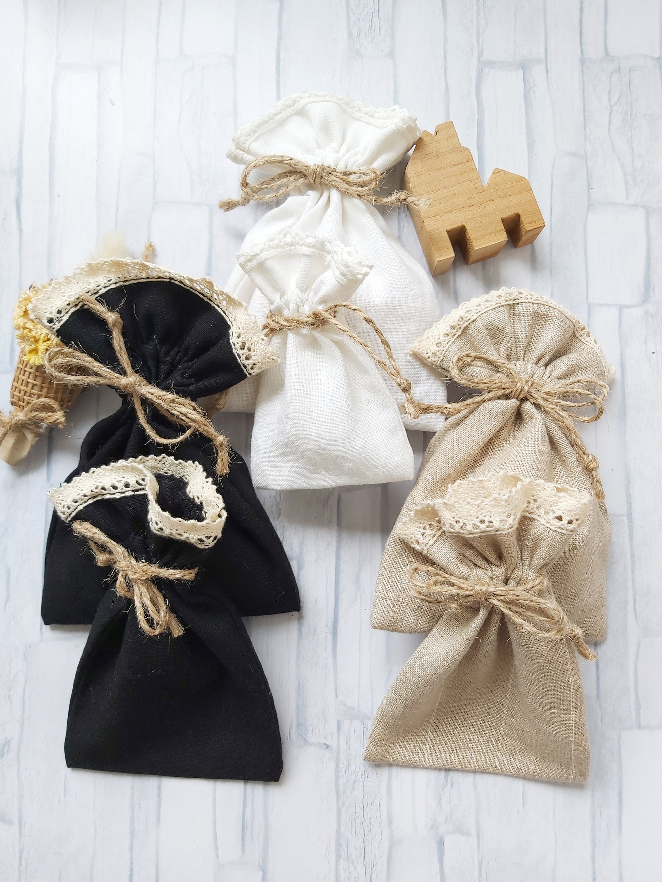 Set of 10 Small Lace Bag Linen drawstring bag Hemp cord Etsy