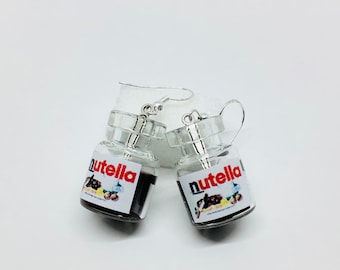 Nutella earrings and its little spoon, miniature, spread, chocolate vial, gourmet jewelry, hypoallergenic jewelry