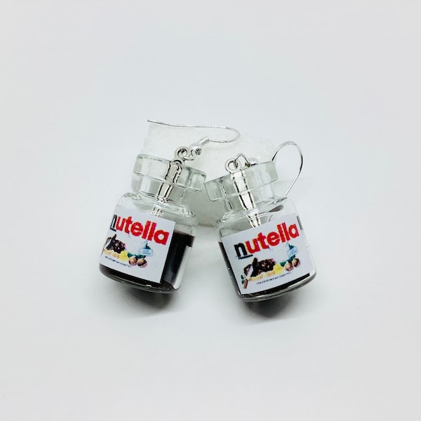 Nutella-oorbellen en zijn kleine lepel, miniatuur, spread, chocoladeflesje, gastronomische sieraden, hypoallergene sieraden