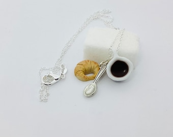Fimo coffee croissant necklace, women&#39;s fashion necklace, Christmas gift idea