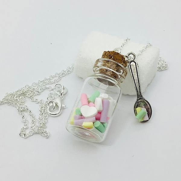 Collier fiole bonbons couleur pastel, collier fantaisie fimo, idée cadeau anniversaire