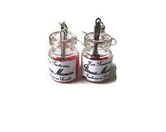 Dangling earrings jar of fimo strawberry jam, fruit, strawberry, glass vial, jam, fancy earrings