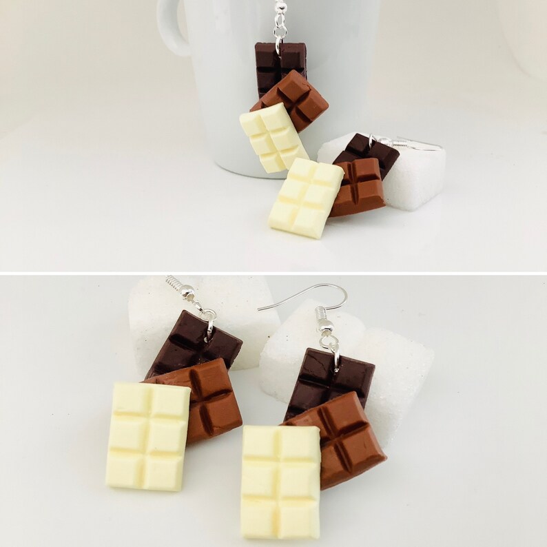 Trio Fimo chocolate bar earrings, gourmet jewelry, costume jewelry, food jewelry image 1