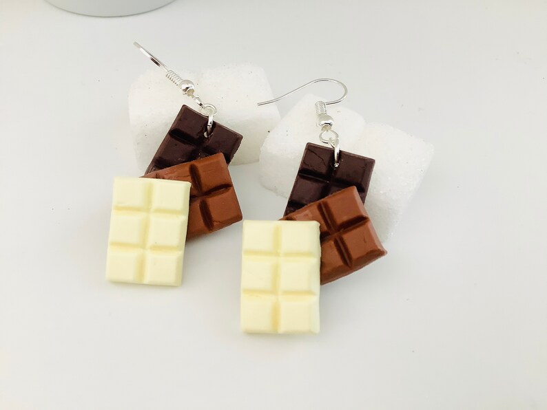 Trio Fimo chocolate bar earrings, gourmet jewelry, costume jewelry, food jewelry image 2