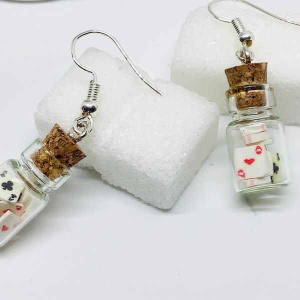 Glass vial miniature cards costume jewelry dangling earrings