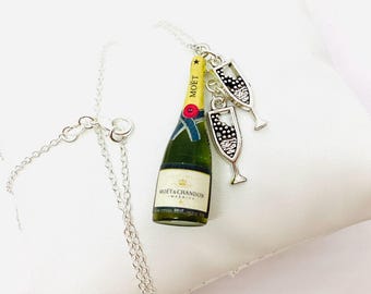 Resin champagne bottle necklace, original costume necklace, party jewelry