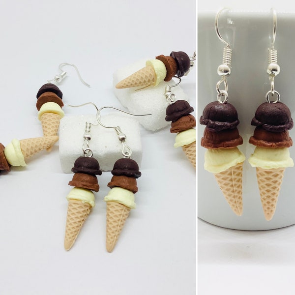 Boucles d’oreilles Glaces 3 chocolats fimo, bijoux gourmand, bijoux fantaisies