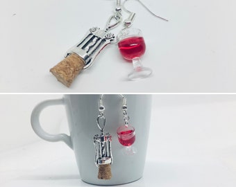Glass of red wine in resin and its corkscrew, fancy earrings, gourmet jewelry