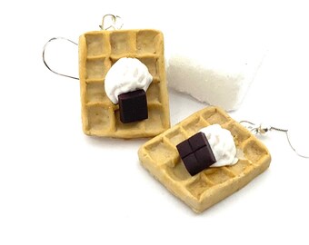 Boucles d’oreilles gaufre chantilly chocolat, bijoux aliment, idée cadeau maman