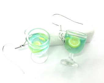 Resin lemon drinks earrings, novelty dangle earrings, gift for her
