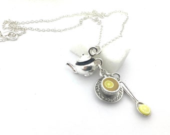 Tea and teapot necklace, fancy charm necklace, gift idea for mom