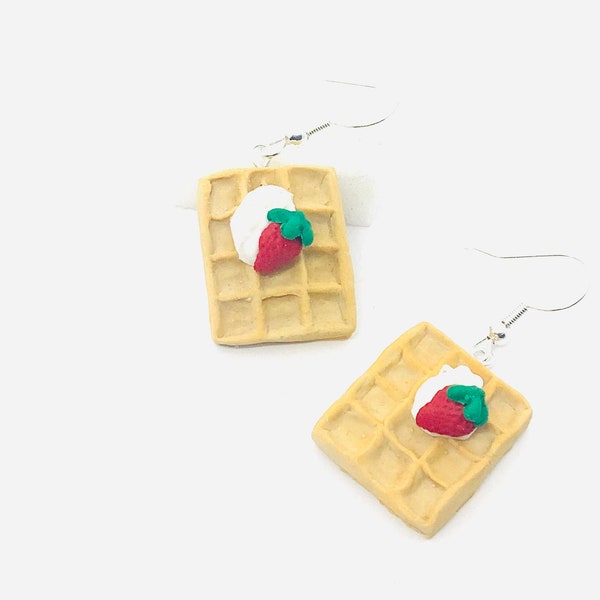 Fimo strawberry whipped waffle earrings, miniature food jewelry, mom gift idea