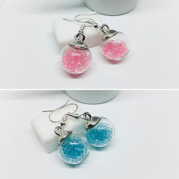 Boule en verre remplie de micro billes, boucles d’oreilles fantaisies, hypoallergénique