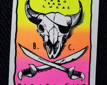 Cabo San Lucas Pirate Surf Sticker Neon Day Glo Quicksilver Clothing Wear 1980s OG