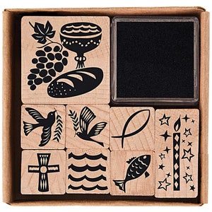 Stempelset christliche Symbole 8 Holzstempel 1 Stempelkissen