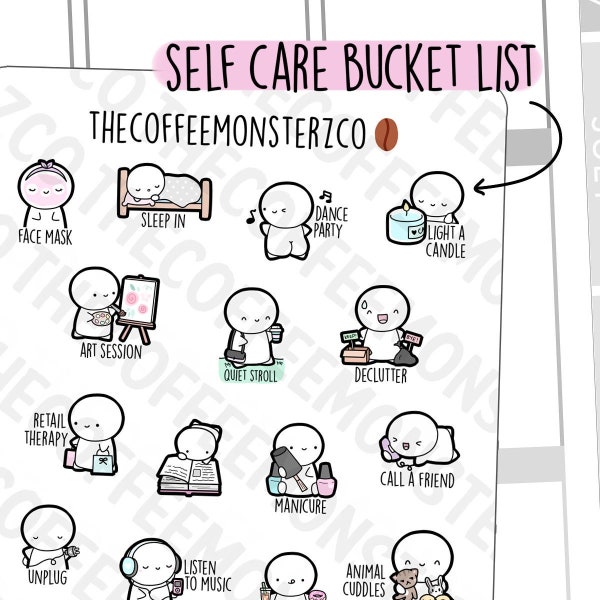 Self Care Bucket List | Hand Drawn Planner Stickers and Bullet Journal Emoti Stickers E554