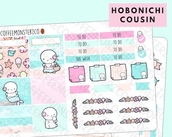 Summer Fun Hobonichi Cousin Mini Kit | Hand Drawn Emoti Planner Sticker Kit, 1.3" Wide Columns