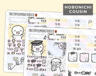 Achievements & Graduation Hobonichi Cousin Kit | Hand Drawn Emoti Planner Sticker Kit, 1.3" Wide Columns