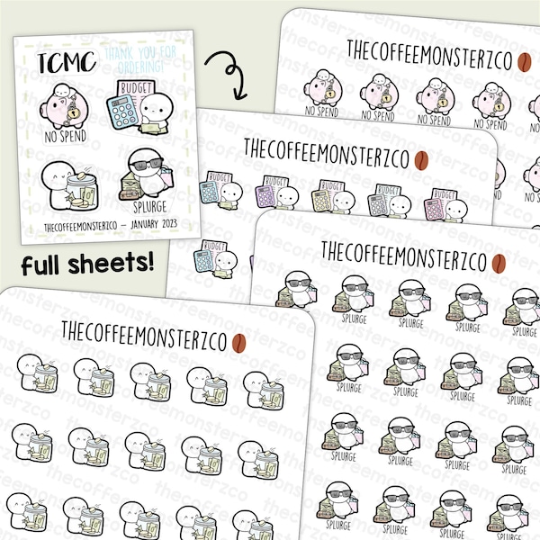 Spending & Saving Emotis (January 2023 Full Sheets) | Hand Drawn Planner Stickers and Bullet Journal Emoti Stickers