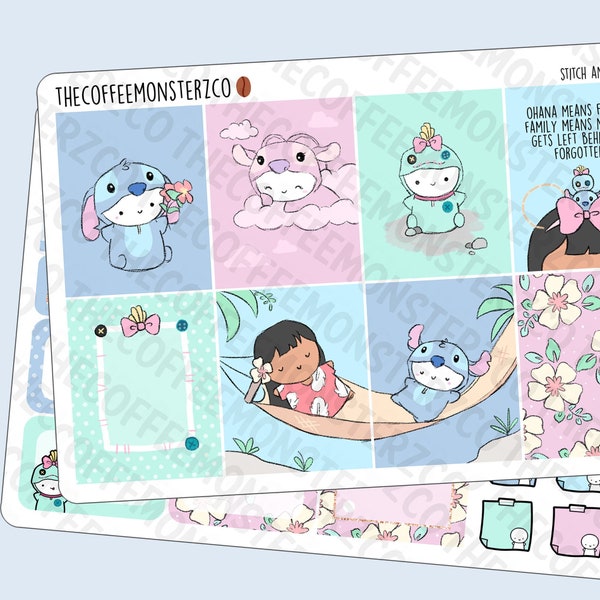 Stitch & Friends Mini Kit | Hand Drawn Emoti Planner Sticker Kit, 1.5" Wide Columns