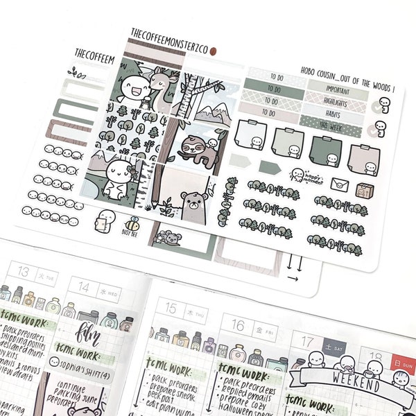 Out of the Woods Hobonichi Cousin  Kit | Hand Drawn Emoti Planner Sticker Kit, 1.3" Wide Columns