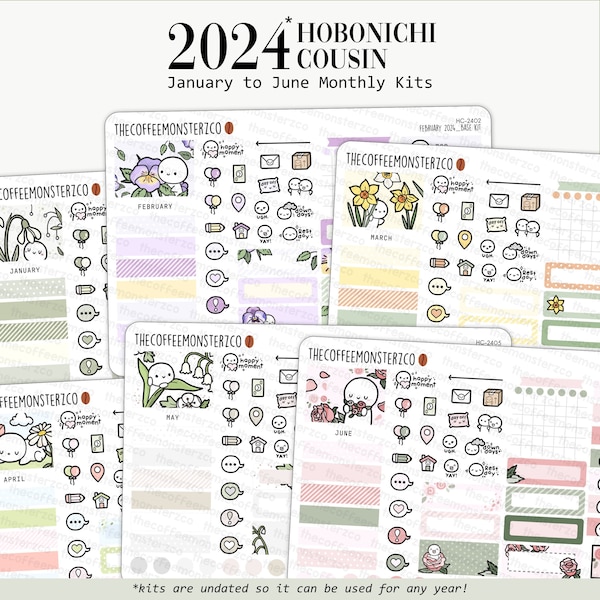 2024 Hobonichi Cousin Monatspackungen - Teil 1 | Handgezeichnete Emoti Planner Sticker Kit, 1,3" Breite Spalten, HC24