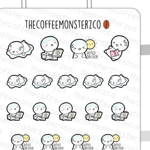 Hot Day Emotis | Hand Drawn Planner Stickers and Bullet Journal Emoti Stickers, E1112