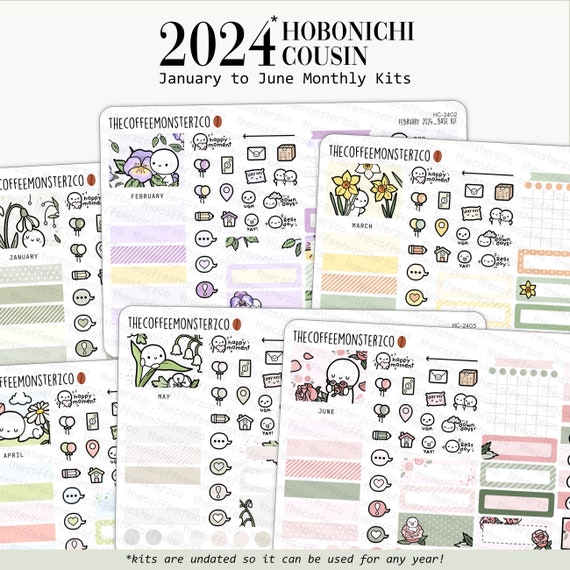 2024 Hobonichi Cousin Monthly Kits Part 1 Hand Drawn Emoti Planner Sticker  Kit, 1.3 Wide Columns, HC24 