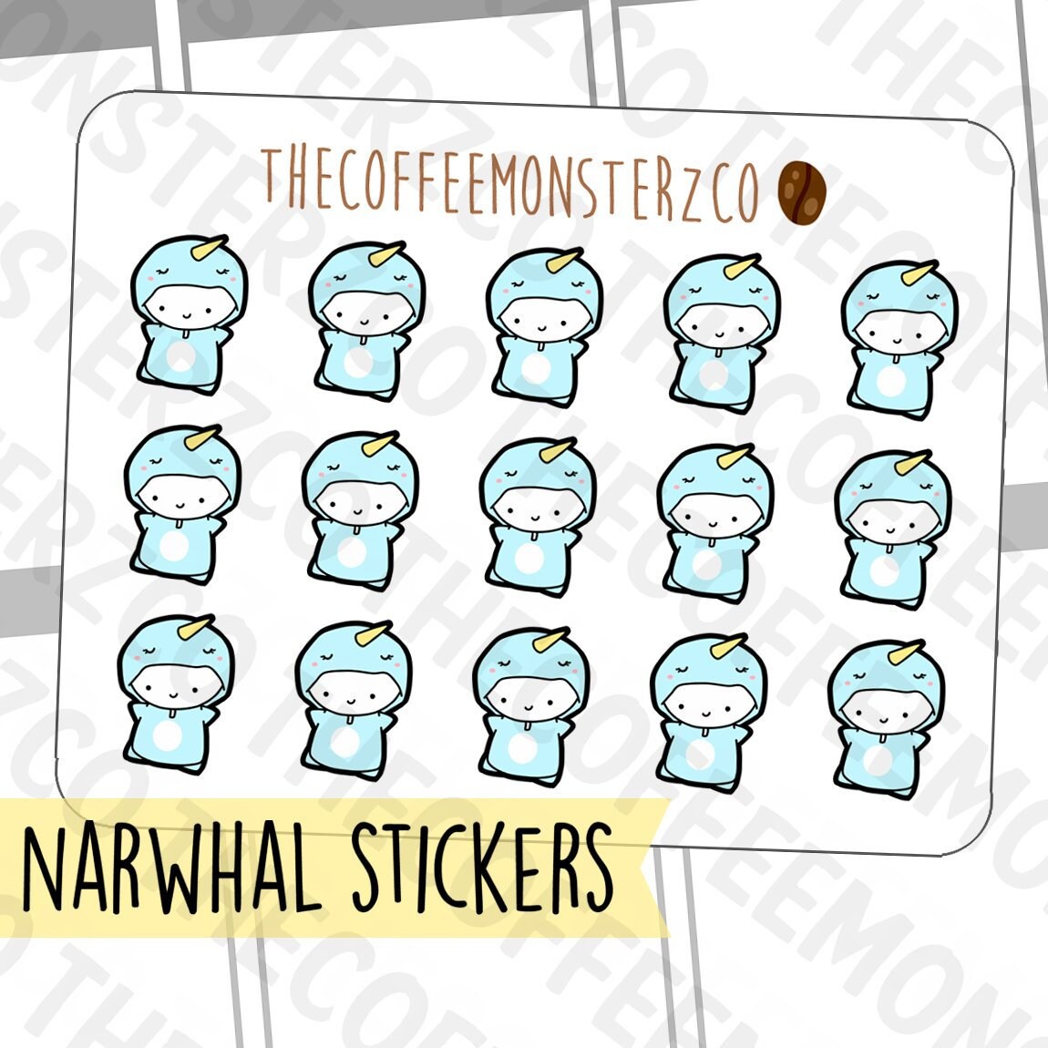 Narwhal Onesie Emotis Mini Sticker Sheet | Hand Drawn Planner Sticker…