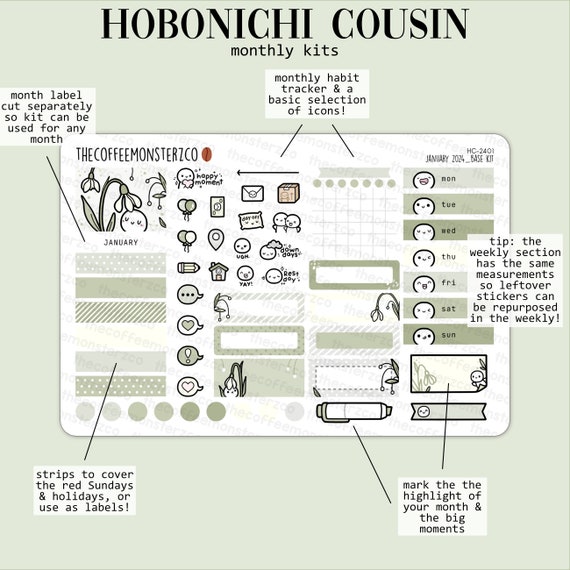 2024 Hobonichi Cousin Monthly Kits Part 1 Hand Drawn Emoti Planner Sticker  Kit, 1.3 Wide Columns, HC24 