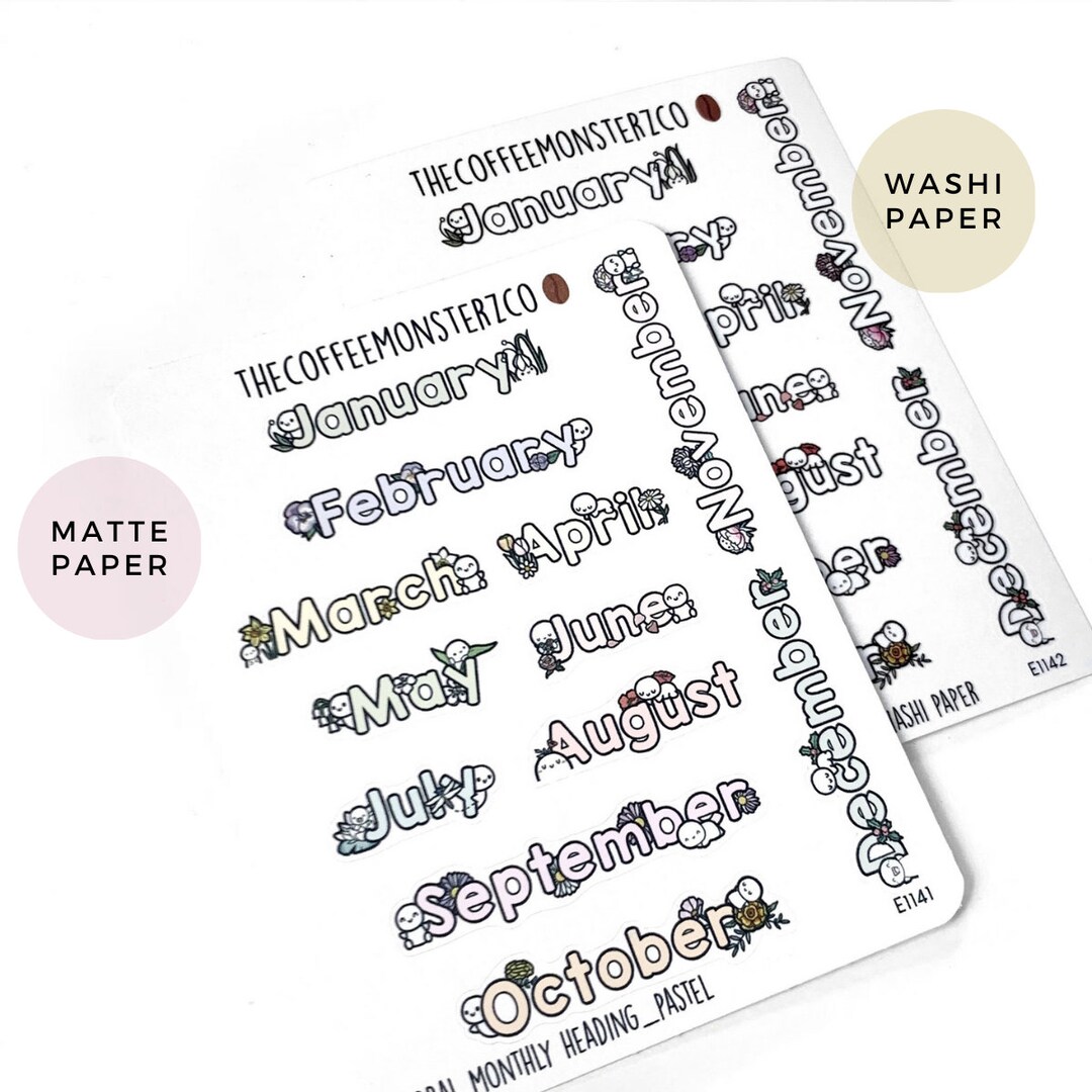 Floral Monthly Headings Hand Drawn Planner Stickers and Bullet Journal ...