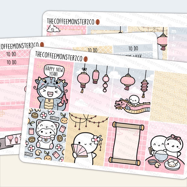 Lunar New Year 2024 Mini Kit | Hand Drawn Emoti Planner Sticker Kit, 1.5" Wide Columns