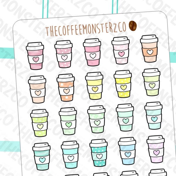 Rainbow Coffee Cups | Hand Drawn Planner Stickers and Bullet Journal Doodle Stickers E098