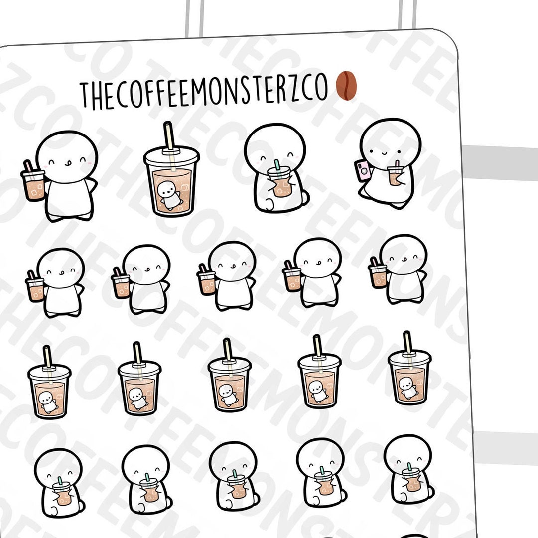 Iced Coffee Emotis Hand Drawn Planner Stickers and Bullet Journal Emoti ...