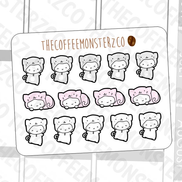 Kitty Cat Onesie Emotis Mini Sticker Sheet | Hand Drawn Planner Stickers and Bullet Journal Emoti Stickers E246