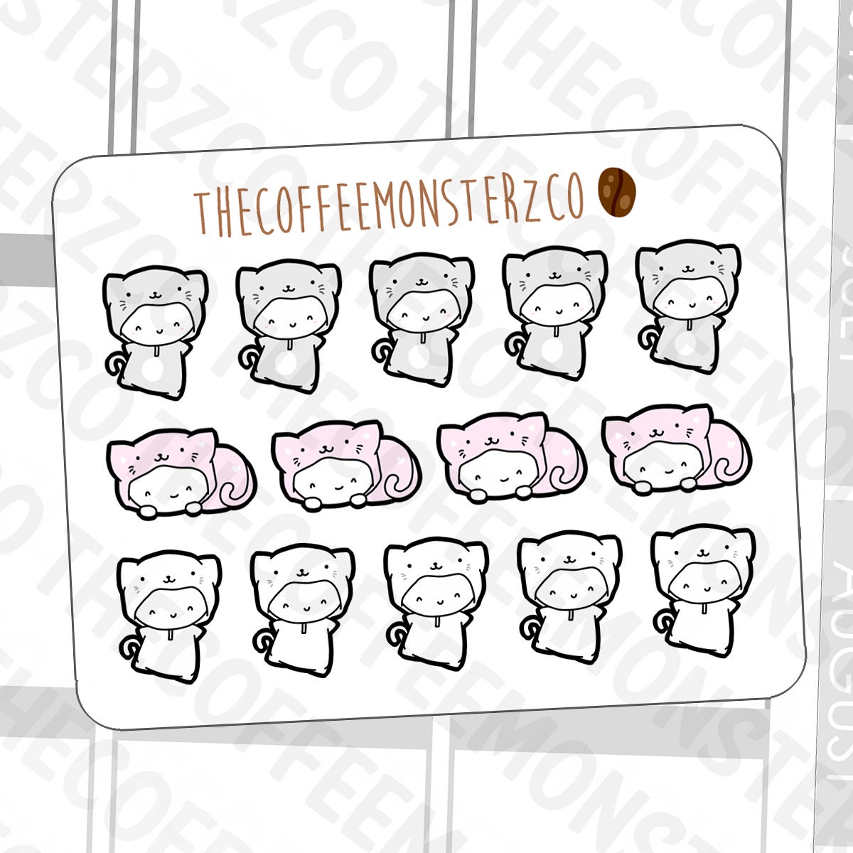 Kitty Cat Onesie Emotis Mini Sticker Sheet | Hand Drawn Planner Stick…