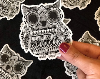 Eule Zentangle Sticker, schwarz weiß Deko Sticker, Laptop Aufkleber